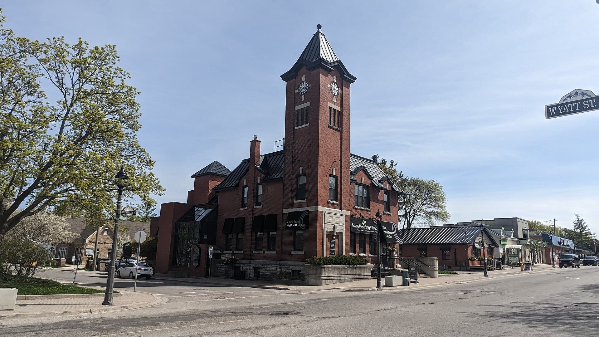 The former Woolwich Township Hall and its clock tower on Arthur Street South, Elmira